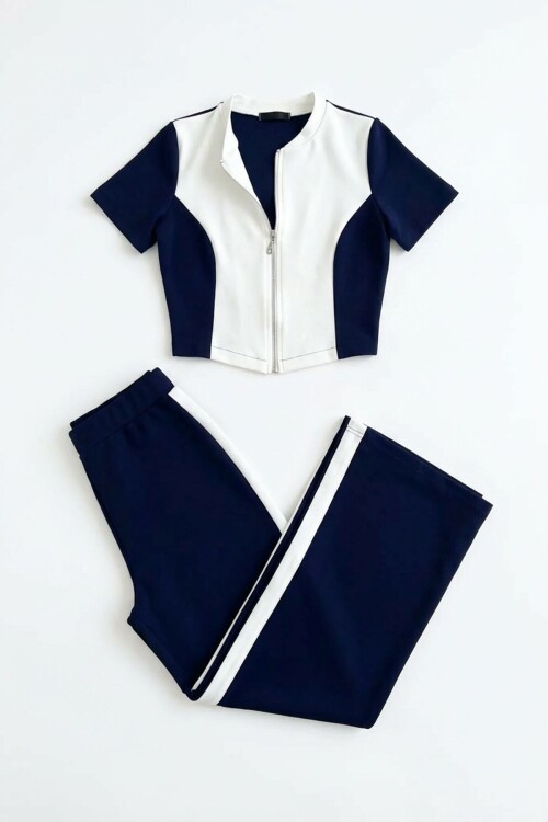 Lacivert Renk Bloklu Fermuarlı Yumuşak Dokulu Kumaş Eşofman Takımı
