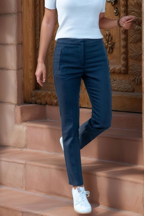 Lacivert Yüksek Bel Bant Şeritli Kalem Pantolon