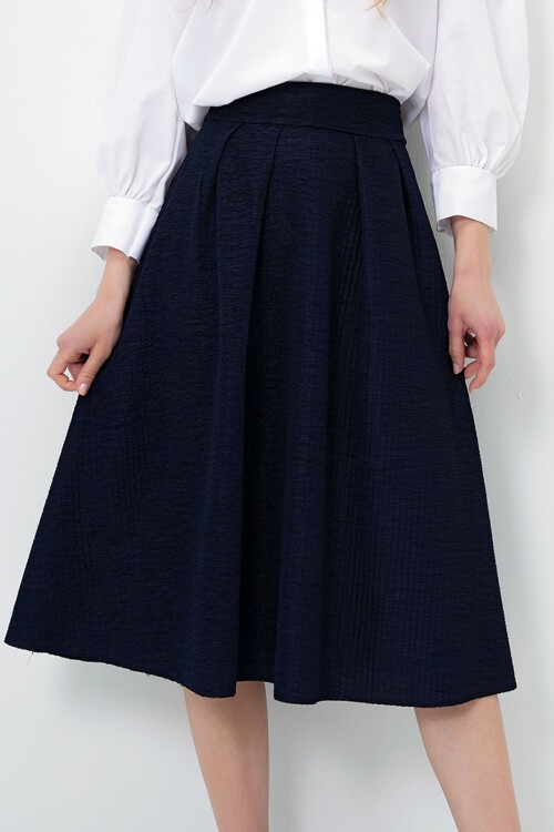 Lacivert Yüksek Bel Geniş Kemerli Gizli Fermuarlı Midi Boy Dokulu Etek BCHNT-251236