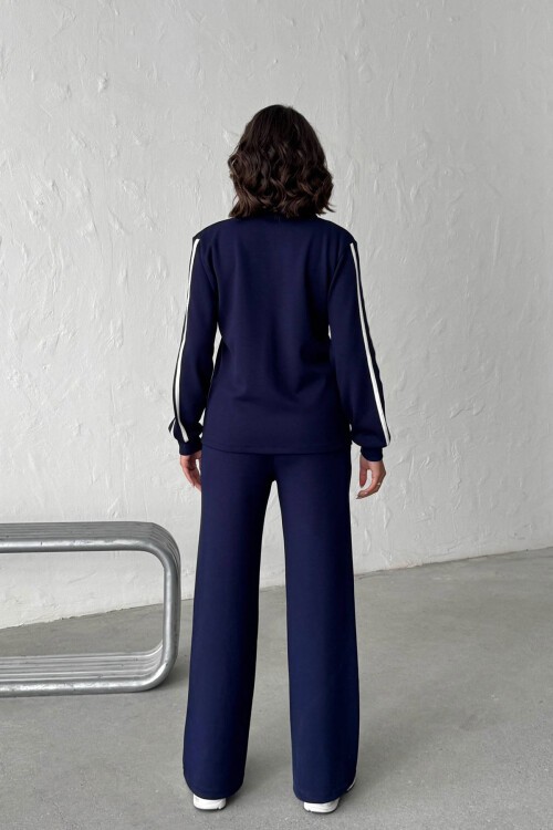 Lacivert Yumuşak Dokulu Biyeli Palazzo Pantolon Ve Garnili Gömlek Alt Üst Takım BCHN-25261025
