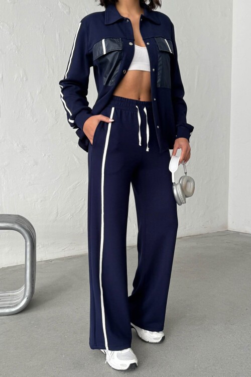 Lacivert Yumuşak Dokulu Biyeli Palazzo Pantolon Ve Garnili Gömlek Alt Üst Takım BCHN-25261025