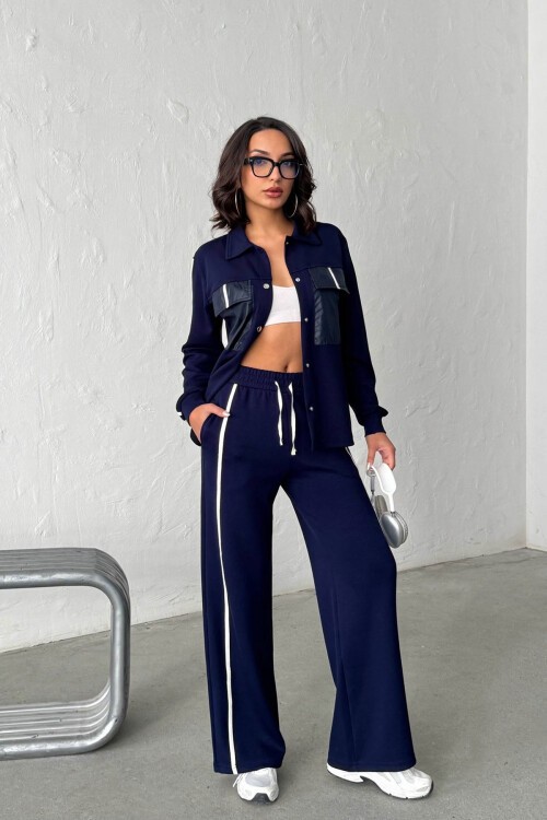 Lacivert Yumuşak Dokulu Biyeli Palazzo Pantolon Ve Garnili Gömlek Alt Üst Takım BCHN-25261025