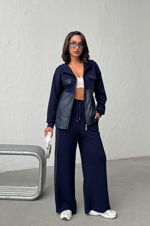 Lacivert Yumuşak Dokulu Garnili Kapüşonlu Sweatshirt Ve Pantolon Alt Üst Takım BCHN-25261023