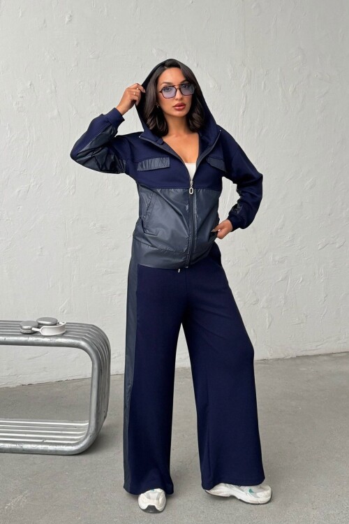 Lacivert Yumuşak Dokulu Garnili Kapüşonlu Sweatshirt Ve Pantolon Alt Üst Takım BCHN-25261023