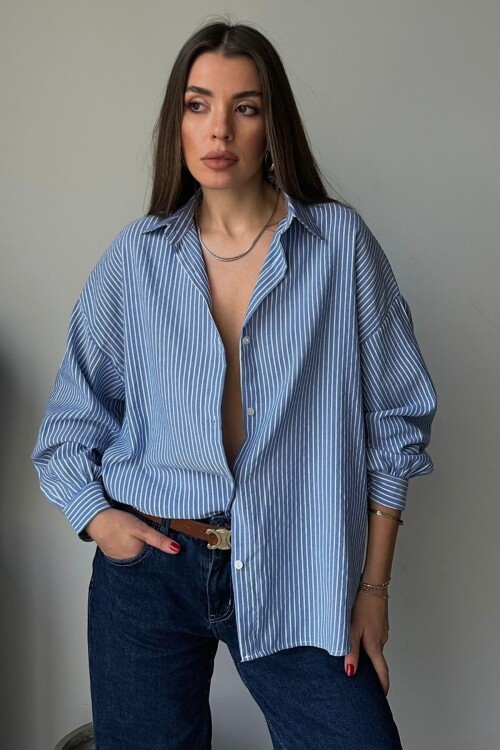 Mavi Çizgili Oversize Gömlek