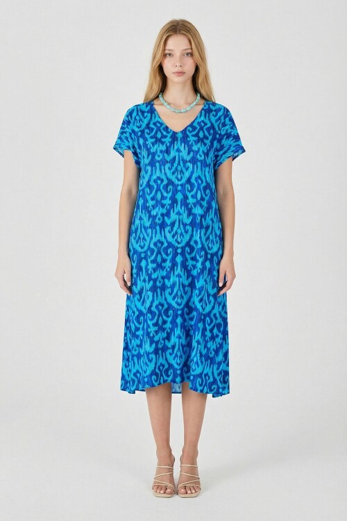 Mavi Desenli V Yaka Midi Boy Elbise