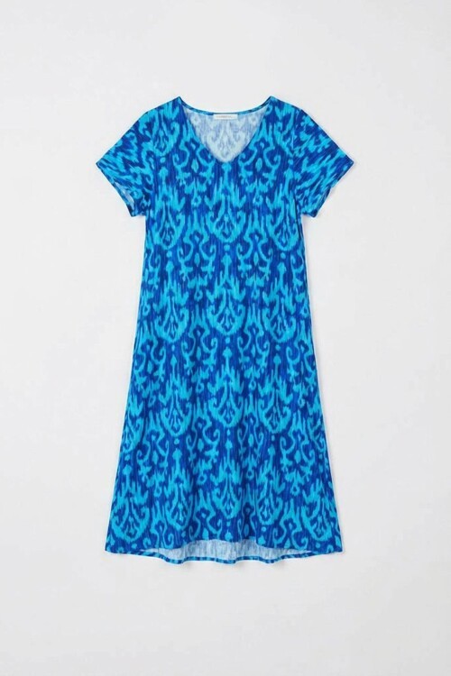 Mavi Desenli V Yaka Midi Boy Elbise