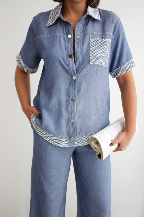 Mavi File Detaylı Tensel Kot Kumaş Gömlek Ve Pantolon Alt Üst Takım