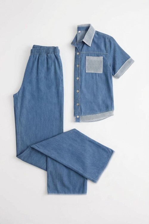Mavi File Detaylı Tensel Kot Kumaş Gömlek Ve Pantolon Alt Üst Takım