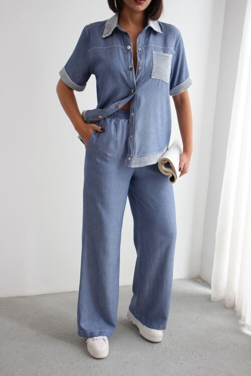 Mavi File Detaylı Tensel Kot Kumaş Gömlek Ve Pantolon Alt Üst Takım