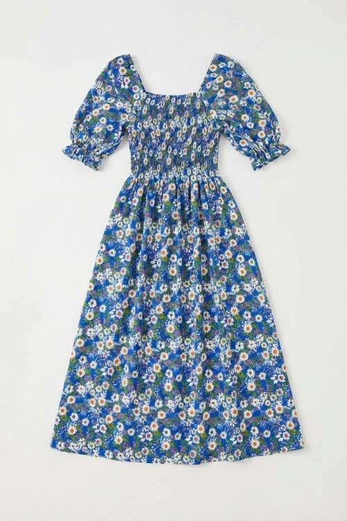 Mavi Kare Yaka Beli Gipeli Çiçek Desenli Dokuma Yazlık Elbise