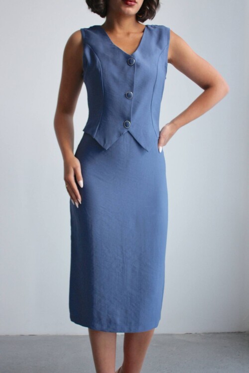 Mavi Tensel Kumaş Yelek Ve Elbise 2 Li Takım Model Elbise