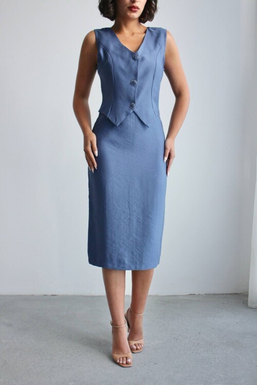 Mavi Tensel Kumaş Yelek Ve Elbise 2 Li Takım Model Elbise