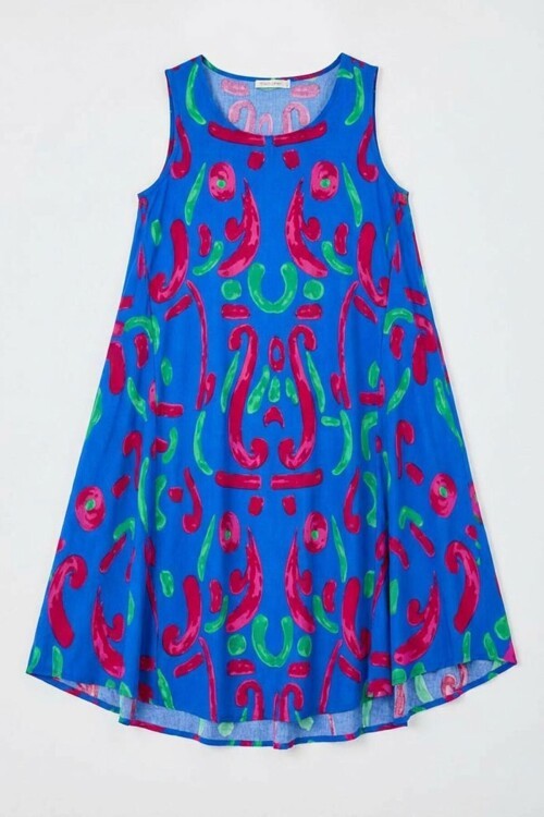 Mavi U Yaka Kolsuz Asimetrik Kesim Midi Boy Elbise