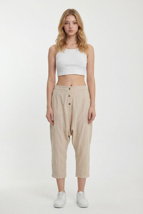 Bej Çift Cepli Düğme Detaylı Düşük Ağ Şalvar Pantolon