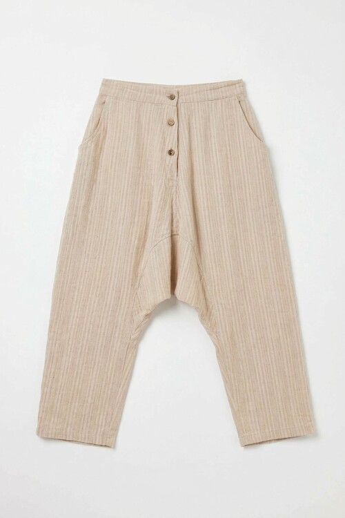 Bej Çift Cepli Düğme Detaylı Düşük Ağ Şalvar Pantolon