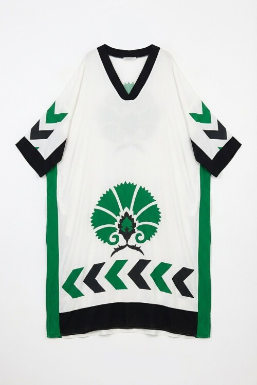 Beyaz Baskılı Maxi Boy Dokuma Viscon Elbise