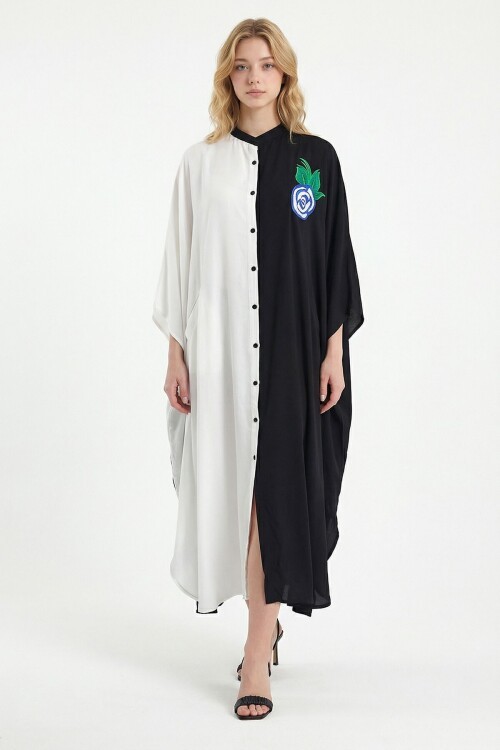 Beyaz Nakış İşlemeli Maxi Boy Dokuma Viscon Elbise