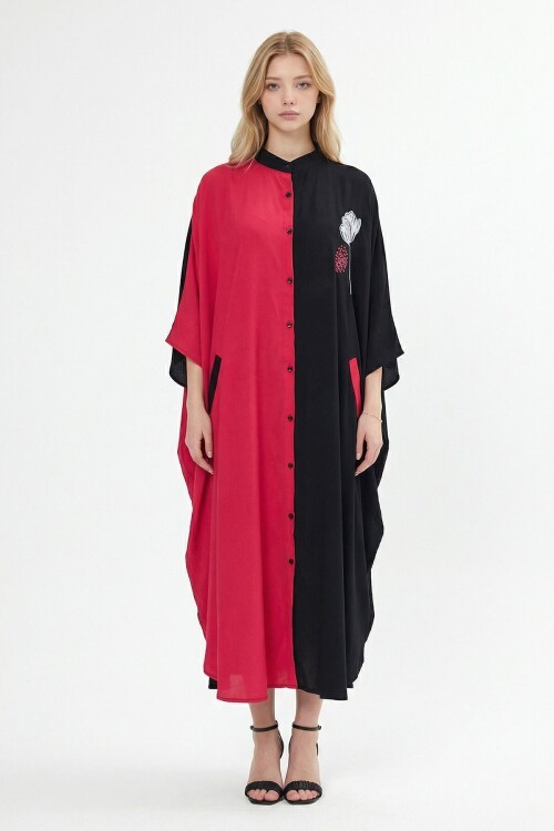 Fuşya Nakış İşlemeli Maxi Boy Dokuma Viscon Elbise