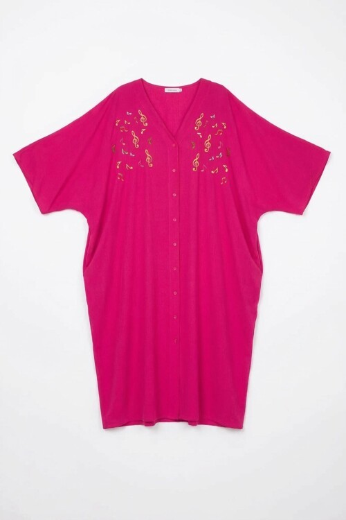 Fuşya Nakış İşlemeli Maxi Boy Dokuma Viscon Elbise