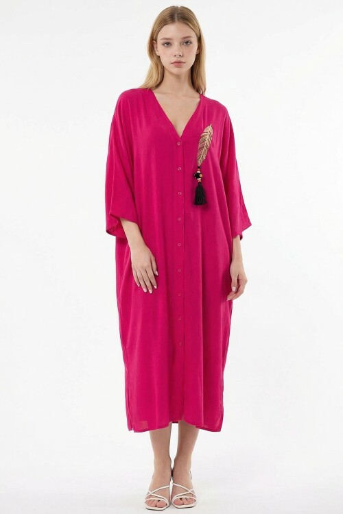 Fuşya Nakış İşlemeli Maxi Boy Dokuma Viscon Elbise