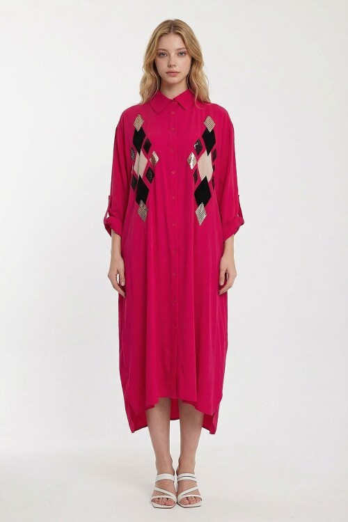 Fuşya Payet İşlemeli Uzun Boy Dokuma Gömlek Elbise