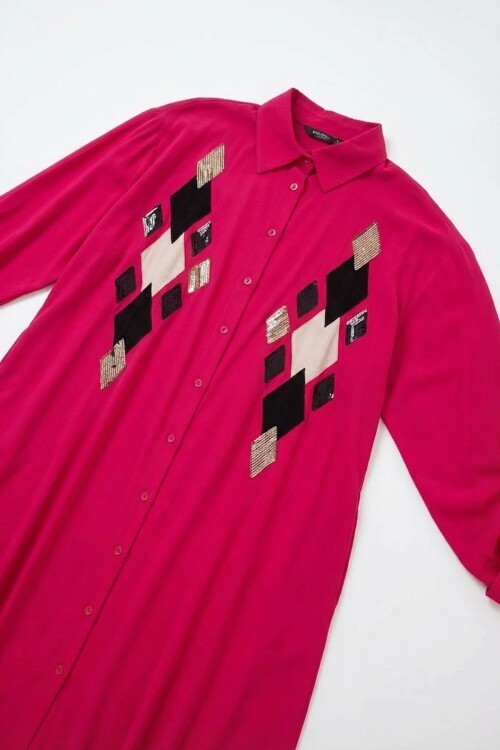 Fuşya Payet İşlemeli Uzun Boy Dokuma Gömlek Elbise