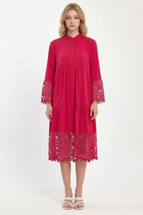 Fuşya Tül Detaylı Uzun Boy Dokuma Viscon Elbise