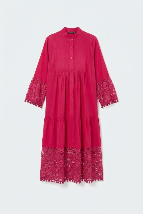 Fuşya Tül Detaylı Uzun Boy Dokuma Viscon Elbise