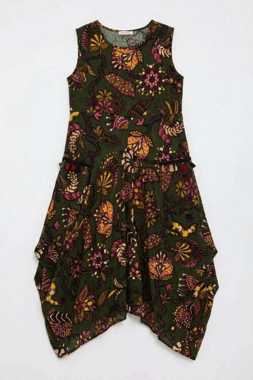 Haki Bisiklet Yaka Çift Cepli Sıfır Kol Çiçek Desenli Rahat Kalıp Elbise