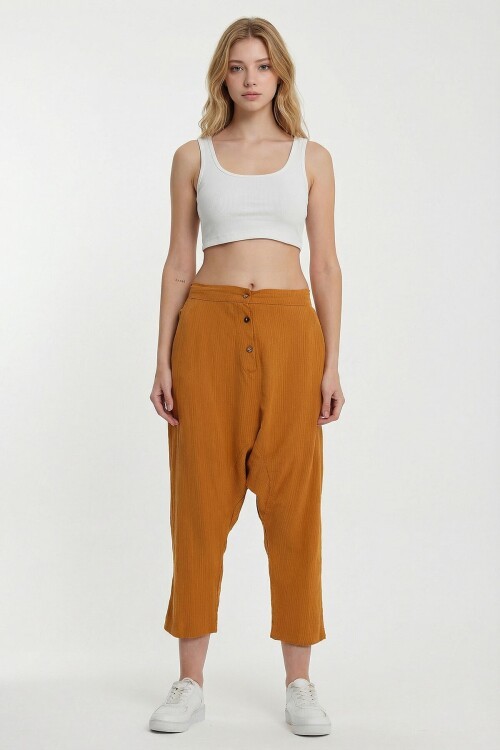 Hardal Çift Cepli Düğme Detaylı Düşük Ağ Şalvar Pantolon