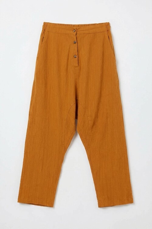 Hardal Çift Cepli Düğme Detaylı Düşük Ağ Şalvar Pantolon