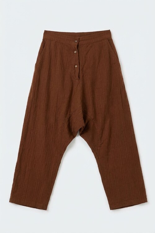 Kahverengi Çift Cepli Düğme Detaylı Düşük Ağ Şalvar Pantolon