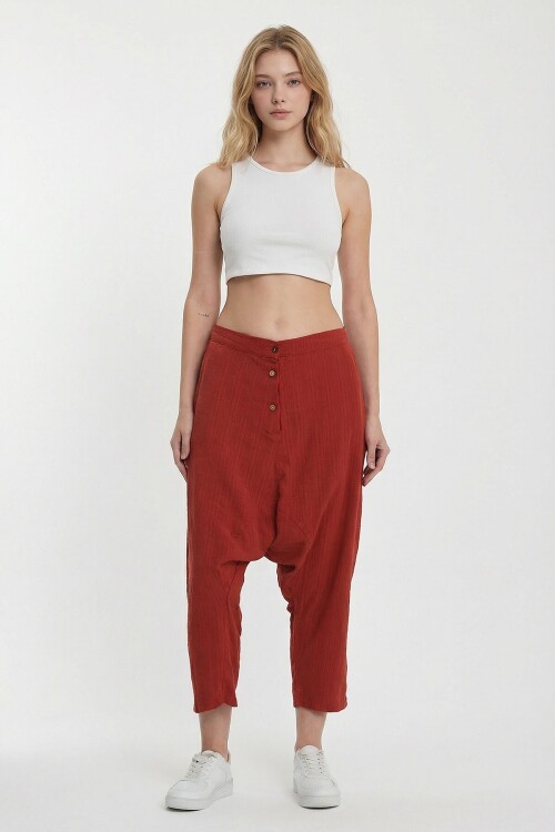 Kiremit Çift Cepli Düğme Detaylı Düşük Ağ Şalvar Pantolon