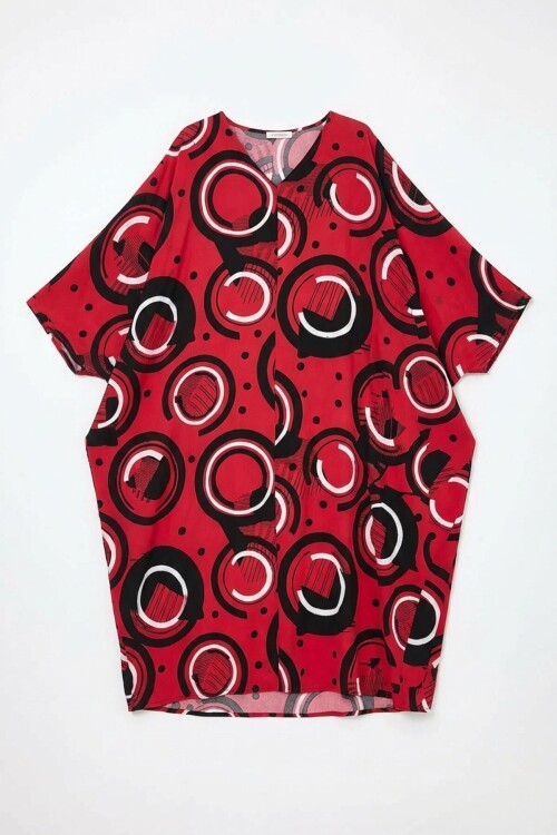 Kırmızı Baskılı Maxi Boy Dokuma Viscon Elbise