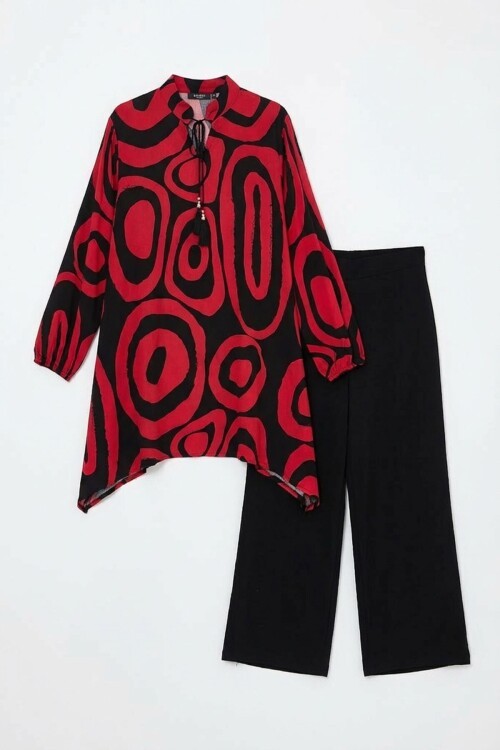 Kırmızı Geometrik Desenli Pantolon Ve Uzun Tunik Alt Üst Takım
