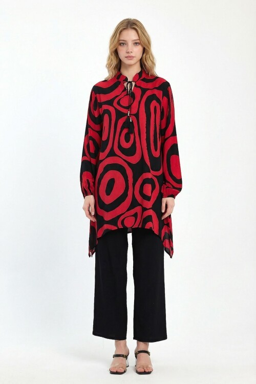 Kırmızı Geometrik Desenli Pantolon Ve Uzun Tunik Alt Üst Takım