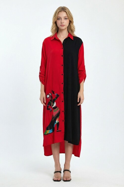 Kırmızı Nakış İşlemeli Maxi Boy Dokuma Viscon Elbise