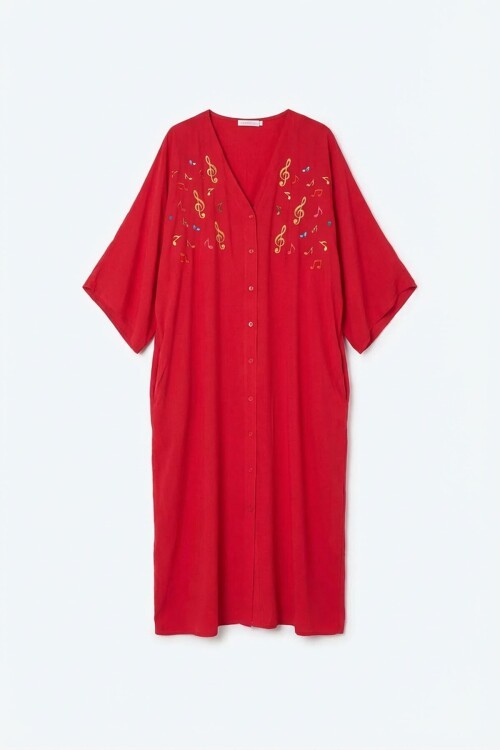 Kırmızı Nakış İşlemeli Maxi Boy Dokuma Viscon Elbise