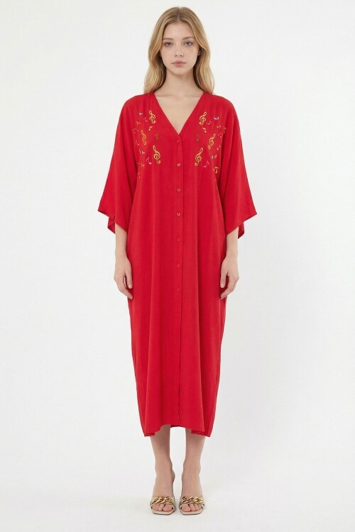 Kırmızı Nakış İşlemeli Maxi Boy Dokuma Viscon Elbise