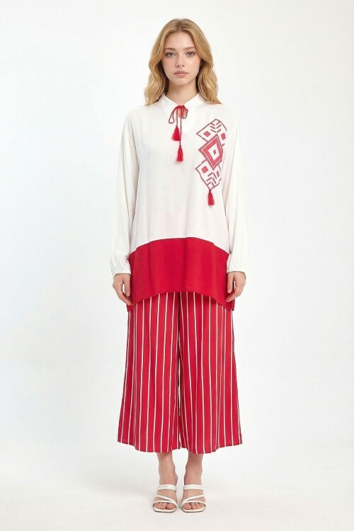 Kırmızı Renk Bloklu Çizgili Pantolon Ve Uzun Tunik Alt Üst Takım