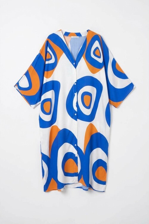 Mavi Turuncu Baskılı Maxi Boy Dokuma Viscon Elbise