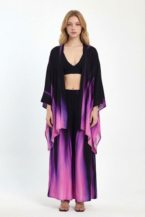 Mor Degrade Desenli Pantolon Ve Kimono Dokuma Alt Üst Takım