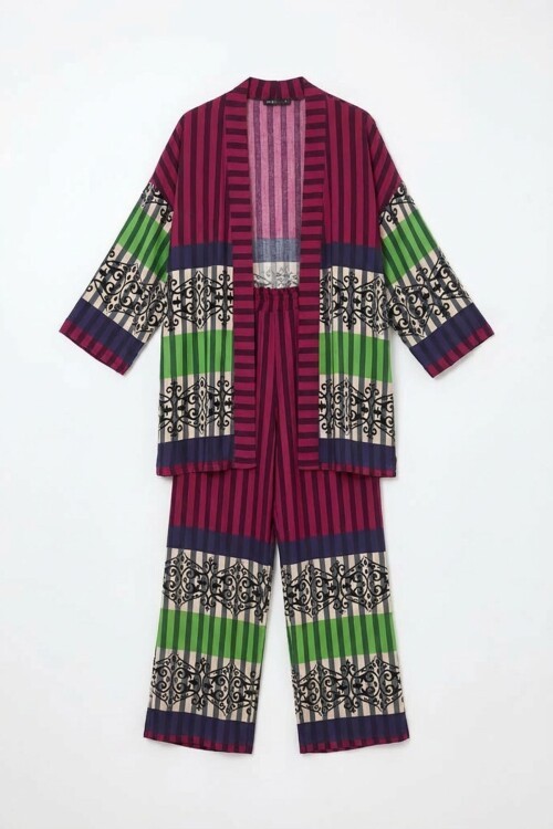 Mürdüm Baskılı Kimono Ve Pantolon Dokuma Viscon Alt Üst Takım