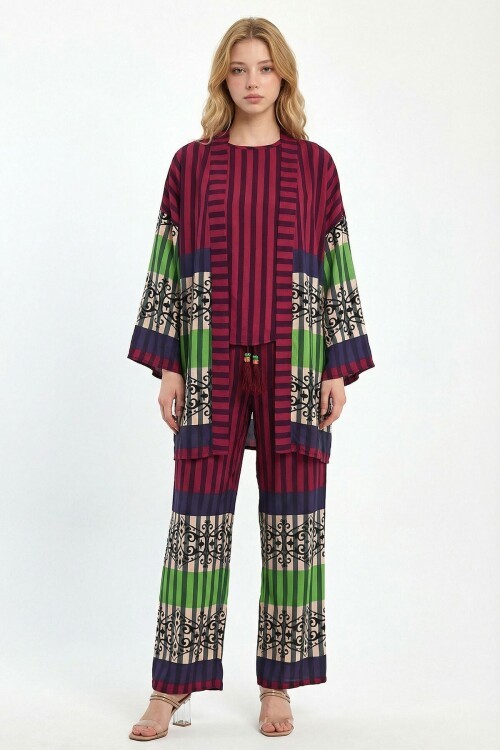 Mürdüm Baskılı Kimono Ve Pantolon Dokuma Viscon Alt Üst Takım