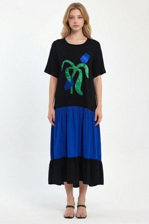 Saks Nakış İşlemeli Maxi Boy Dokuma Viscon Elbise