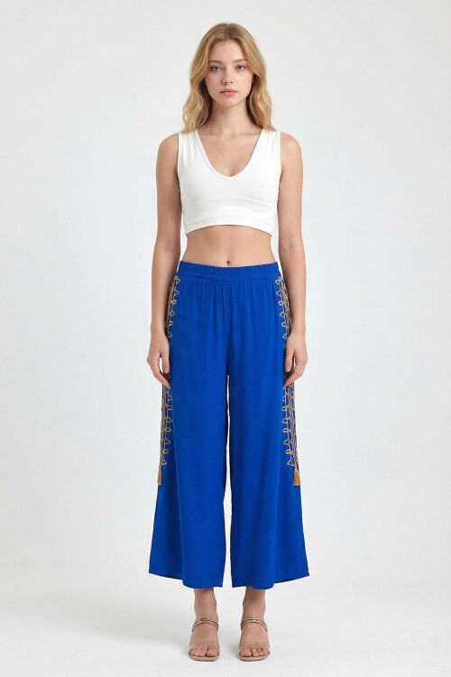 Saks Nakış İşlemeli Rahat Kalıp Şalvar Pantolon