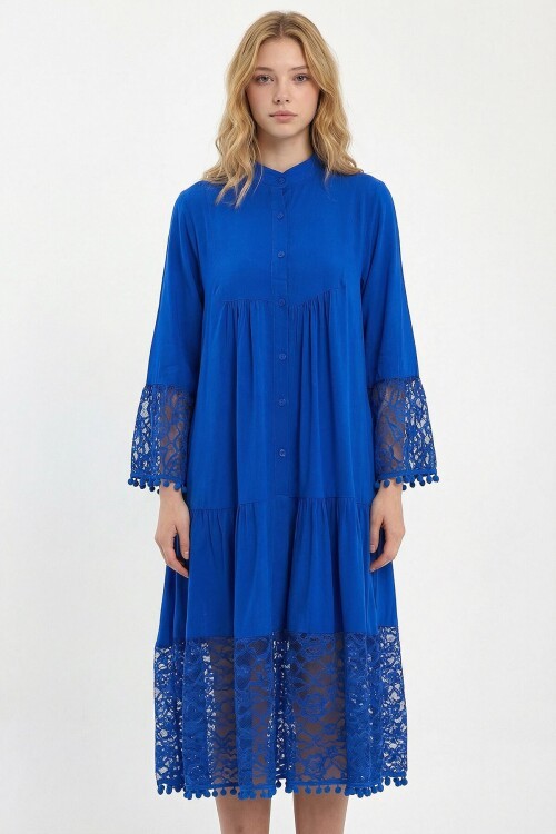 Saks Tül Detaylı Uzun Boy Dokuma Viscon Elbise