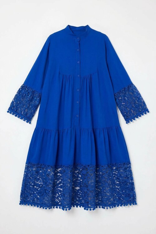 Saks Tül Detaylı Uzun Boy Dokuma Viscon Elbise