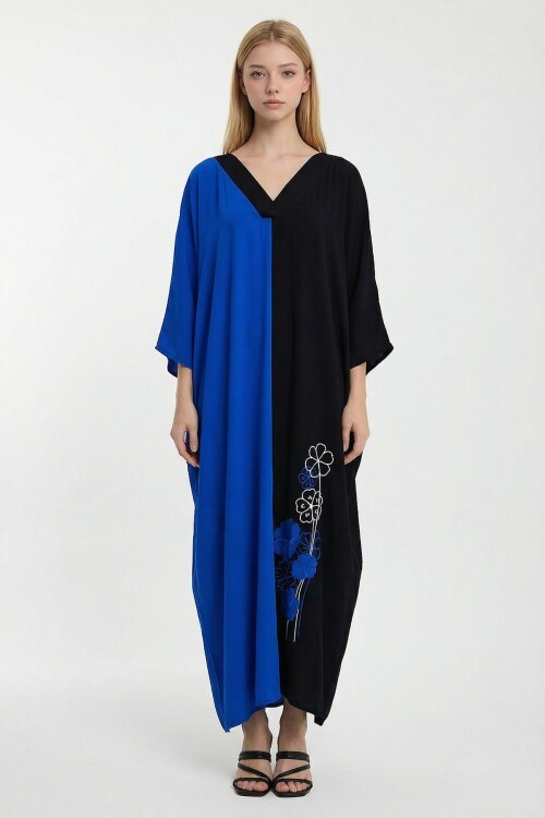 Saks V Yaka Nakış İşlemeli Renk Bloklu Uzun Boy Gömlek Elbise